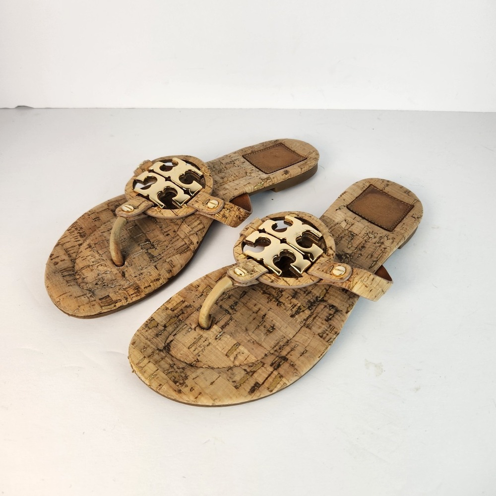 Tory Burch Cork Logo Thong Sandals with Gold Medallion